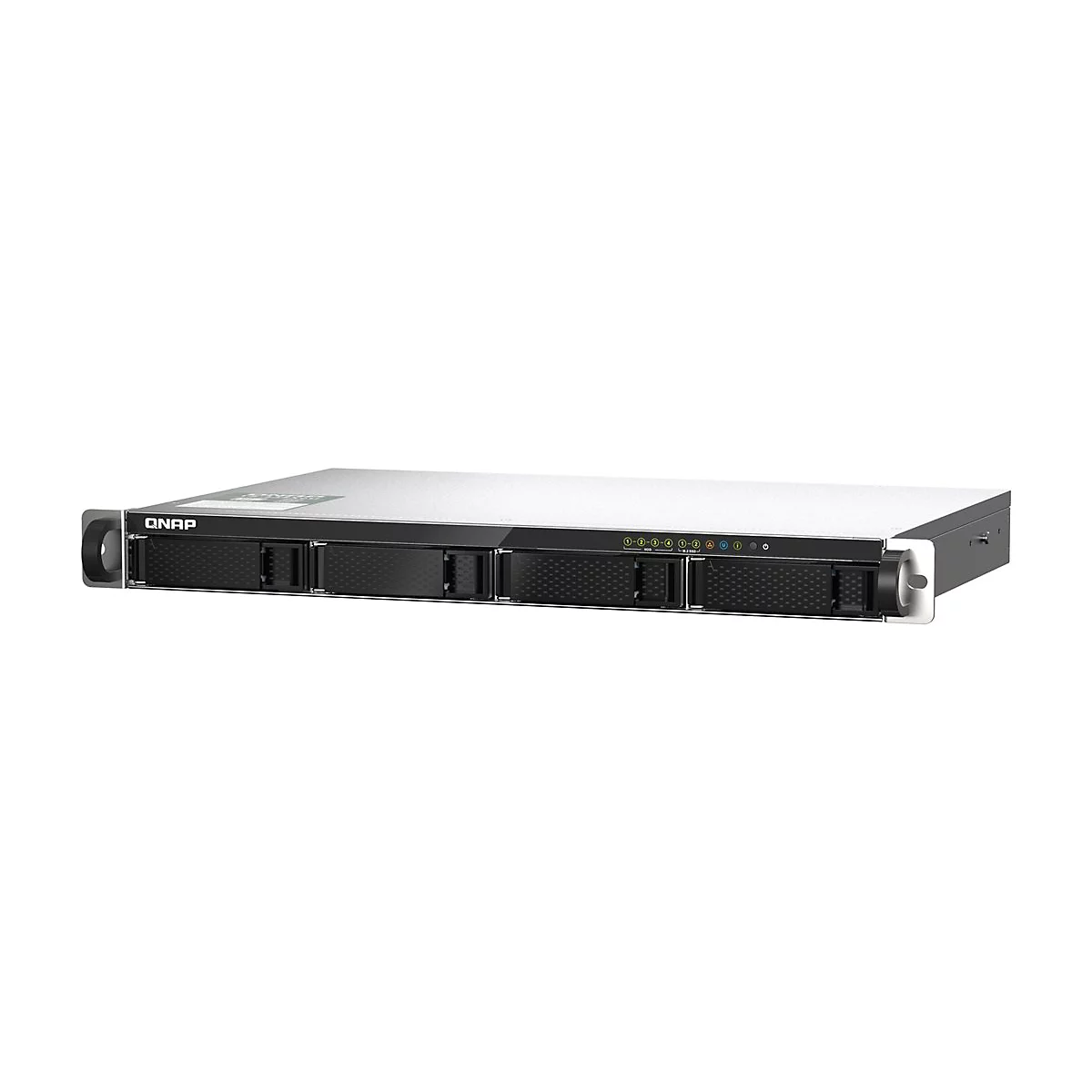 Qnap NAS-Server im Rack-Gehäuse mit vier Laufwerksschächten und Status-LEDs auf weißem Hintergrund.