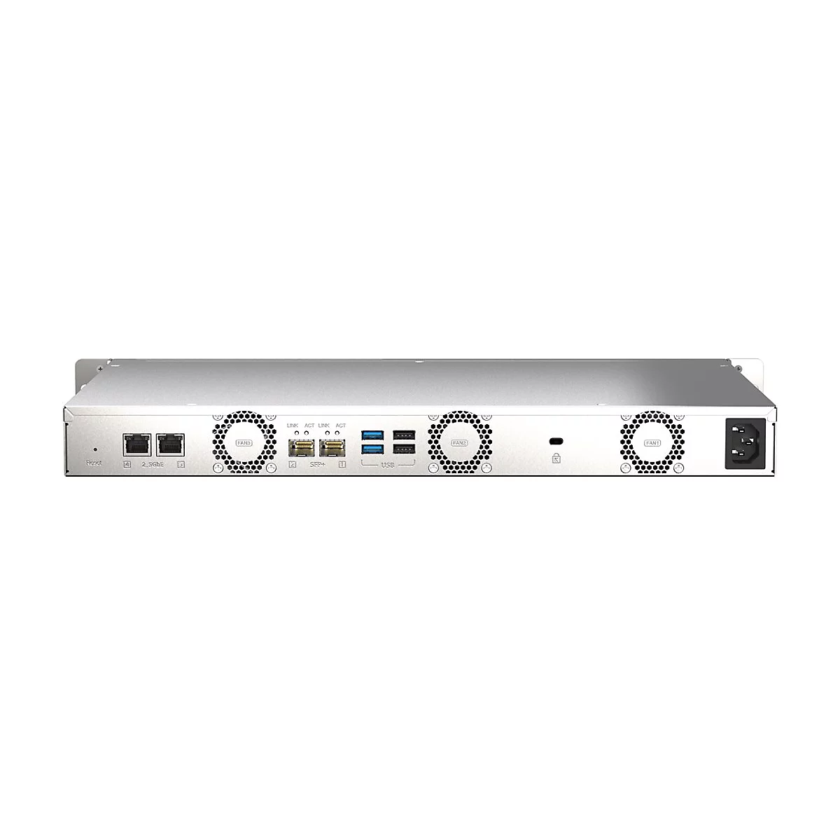 Silbernes Server-Gehäuse mit Anschlüssen für 2,5GbE, SFP+, USB, Lüfter und Stromanschluss auf weißem Hintergrund.