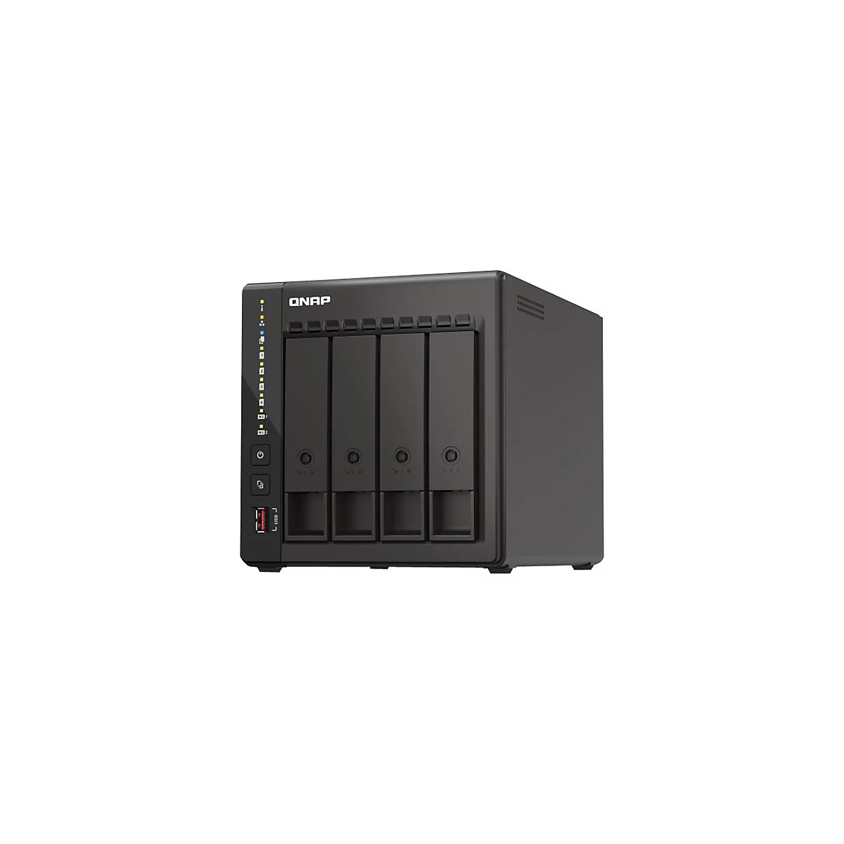 Ein schwarzes QNAP NAS-Gerät mit vier Einschüben, USB-Anschluss, Power-Taste und LED-Anzeigen.