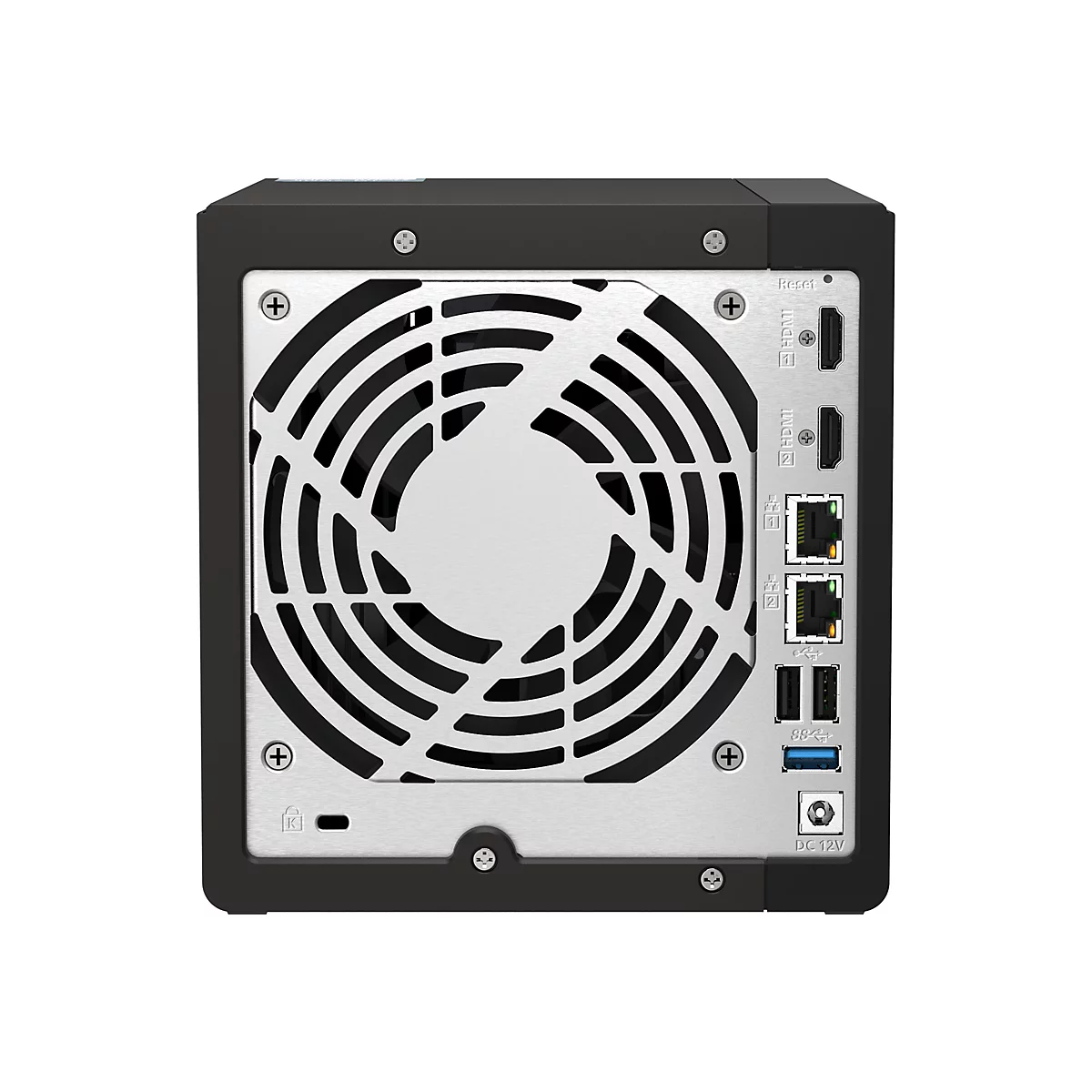Rückansicht eines schwarzen NAS-Servers mit Lüfter, Anschlüssen und Schrauben. Aufschrift HDMI, USB und Reset.