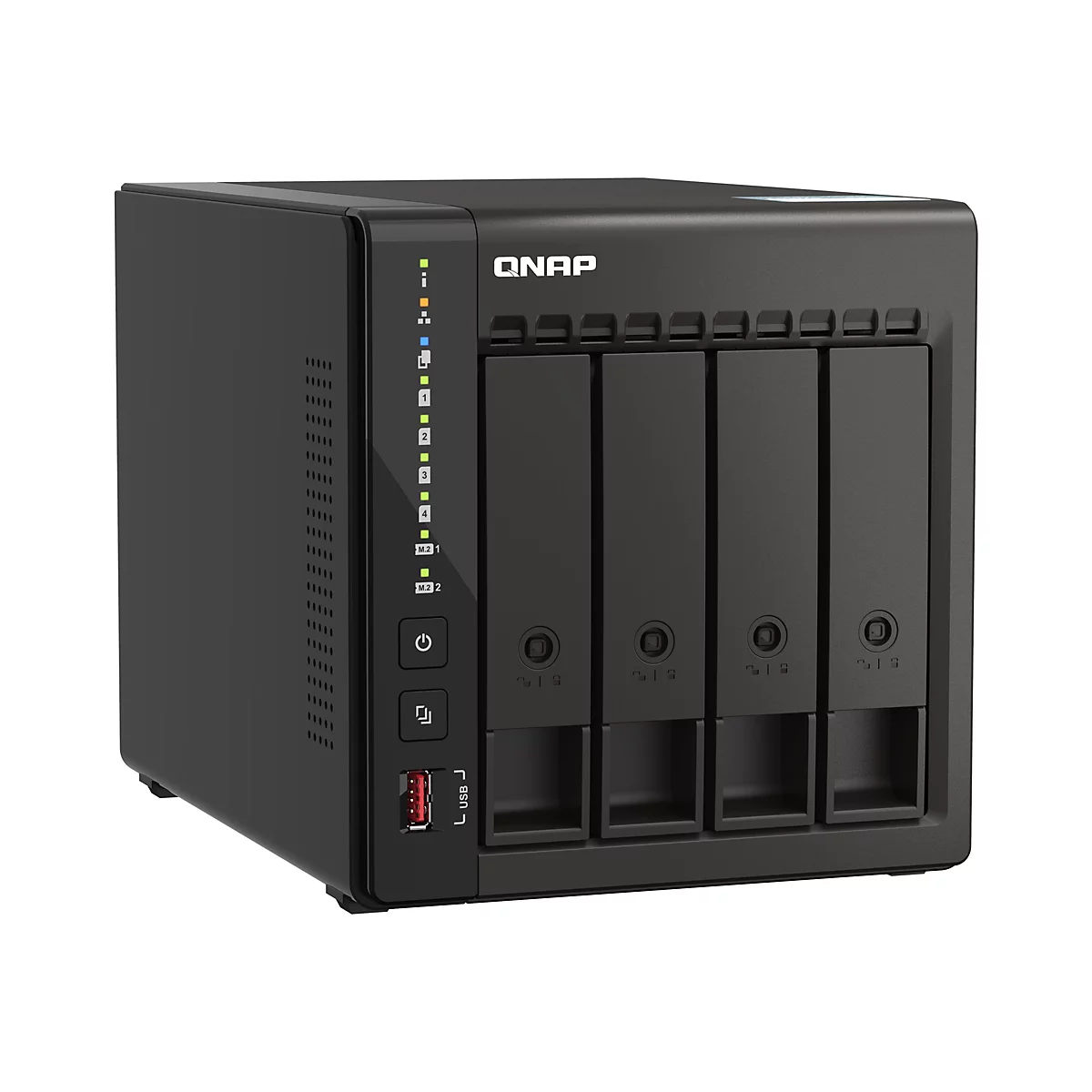Schwarzes QNAP NAS-System mit vier Einschüben für Festplatten und Anzeigeleuchten.