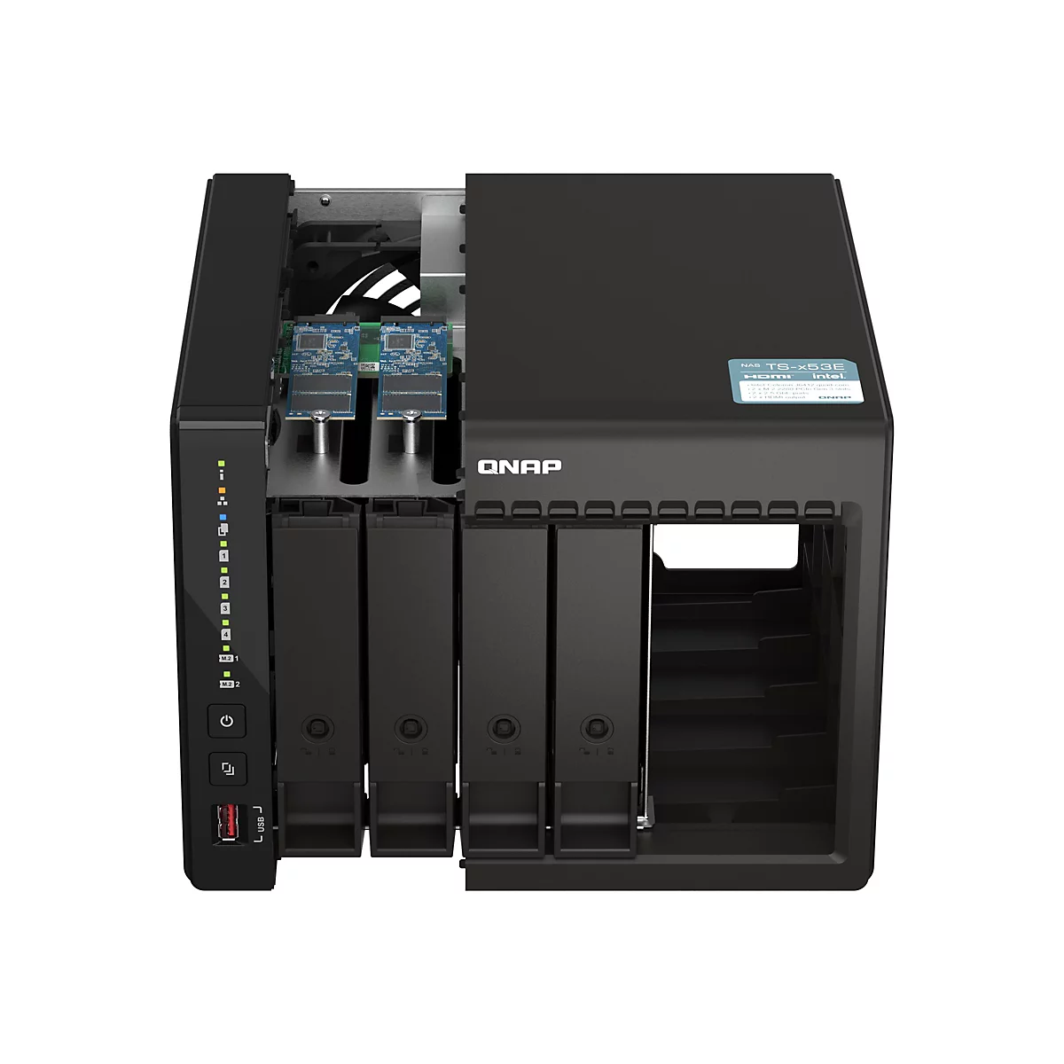Ein schwarzes QNAP NAS-System. Die Vorderseite hat vier Einschübe für Festplatten und eine Reihe von Statusanzeigen. Auf der Oberseite ist eine Innenansicht mit Leiterplatten zu sehen.