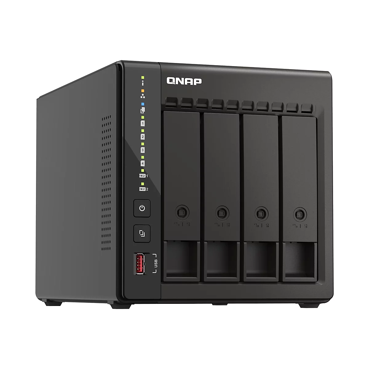 Schwarzes QNAP NAS-Gehäuse mit vier Festplatteneinschüben, Status-LEDs und USB-Anschluss.
