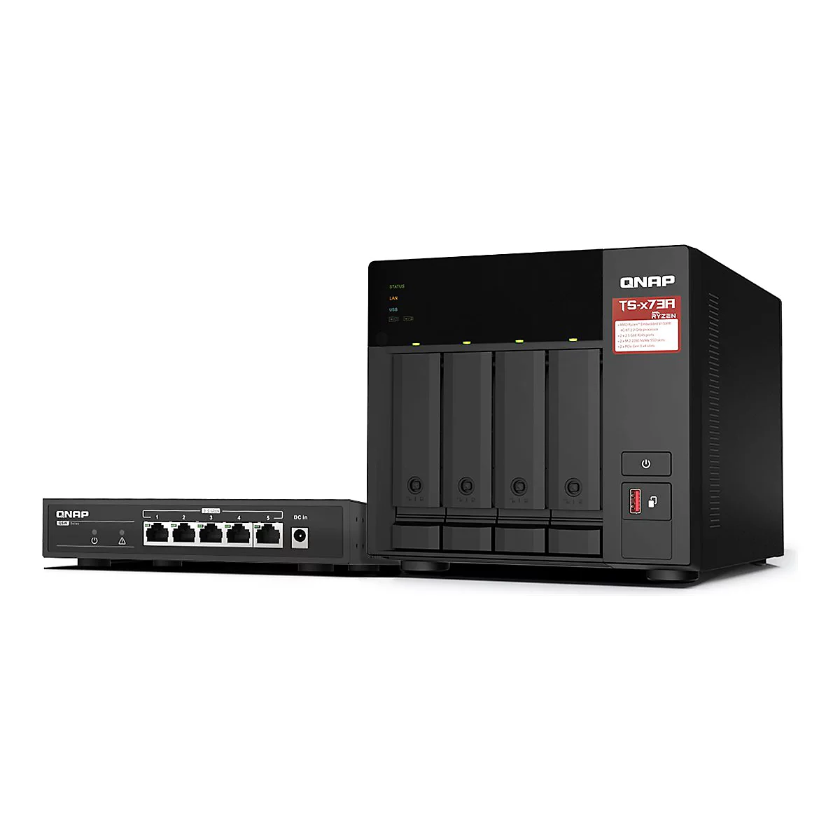 Schwarzes NAS-GerÃ¤t und Router, Marke QNAP.