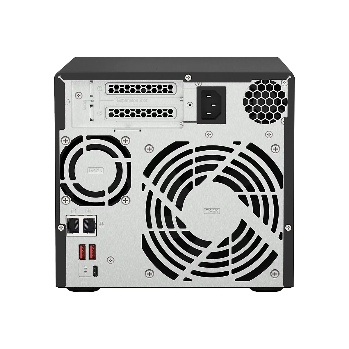 Rückseite eines schwarzen und silbernen NAS-Servers. Gezeigt werden Lüfter, Anschlüsse für Strom, Ethernet und USB. Beschriftungen: FAN1, FAN2, Expansion Slot, USB.