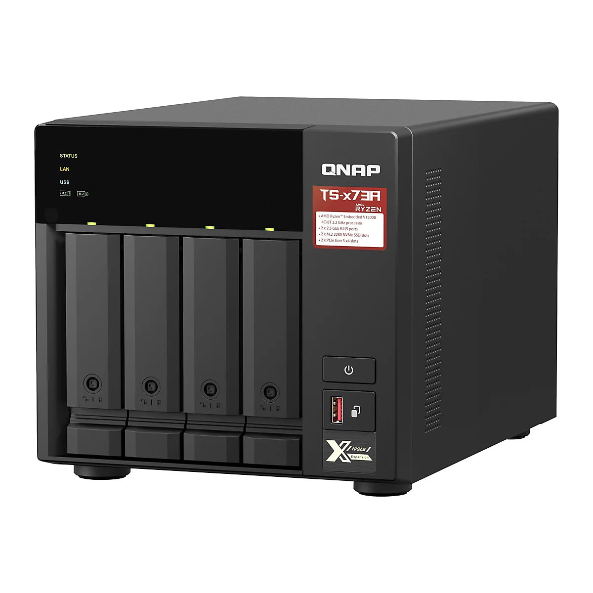 Ein schwarzes QNAP TS-X73A NAS-Gerät. Auf der Vorderseite befinden sich Laufwerkseinschübe, daneben Indikatorleuchten. Auf der rechten Seite sind ein USB-Anschluss und der Einschaltknopf.