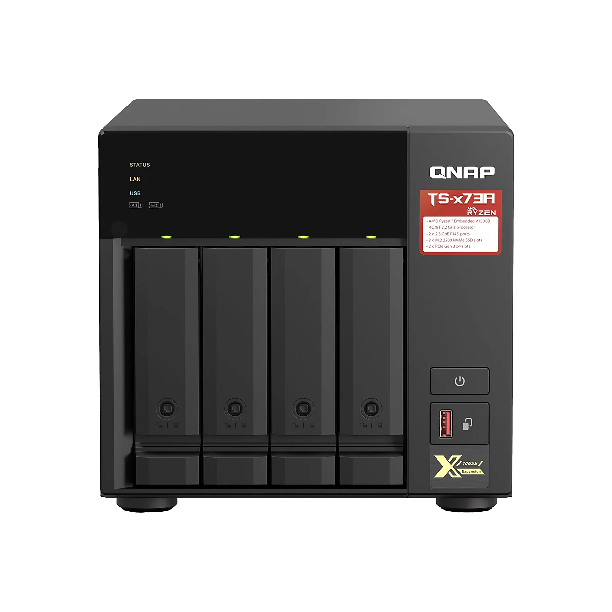 Schwarzes NAS-GerÃ¤t mit vier FestplatteneinschÃ¼ben, darunter Statusanzeigen und ein roter USB-Anschluss.