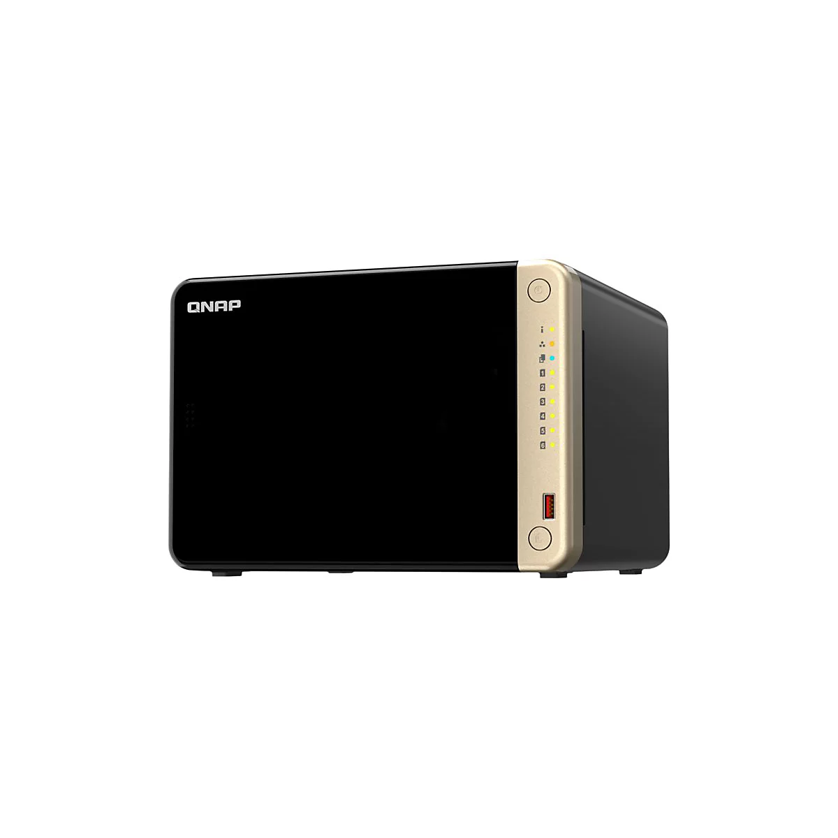 Schwarzes NAS-Gerät mit goldfarbener Front, Schriftzug QNAP. Auf der rechten Seite befinden sich LEDs und ein USB-Anschluss.