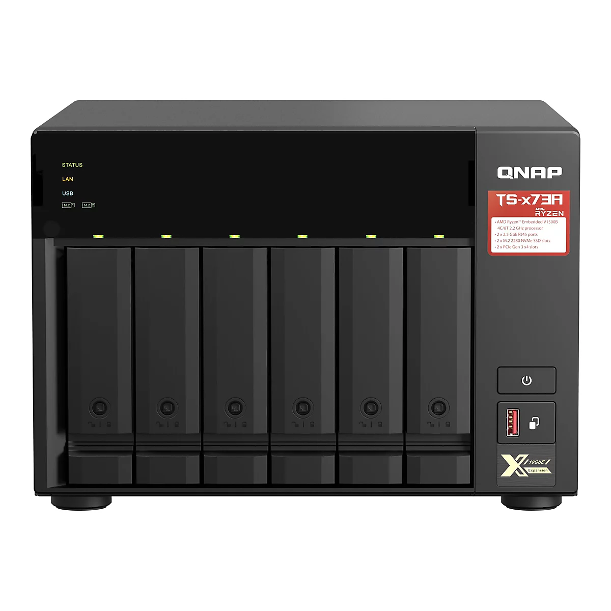 Ein schwarzes QNAP TS-x73A NAS-System mit sechs Einschüben, mit Anzeigen und Anschlüssen. Auf der Vorderseite das Logo 'QNAP', Produktbezeichnung und technische Daten.