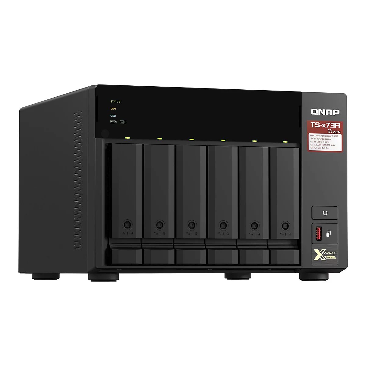 Schwarzes QNAP TS-x73A NAS-System mit sechs Festplatten-EinschÃ¼ben und LED-Anzeigen.