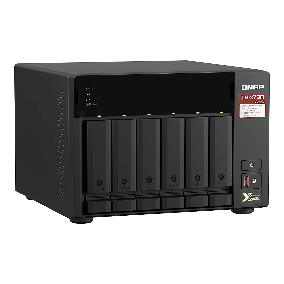 Schwarzer NAS-Server von QNAP, vorne 6 EinschÃ¼be, oben Anzeigen, rechts Ein-/Aus-Taste.
