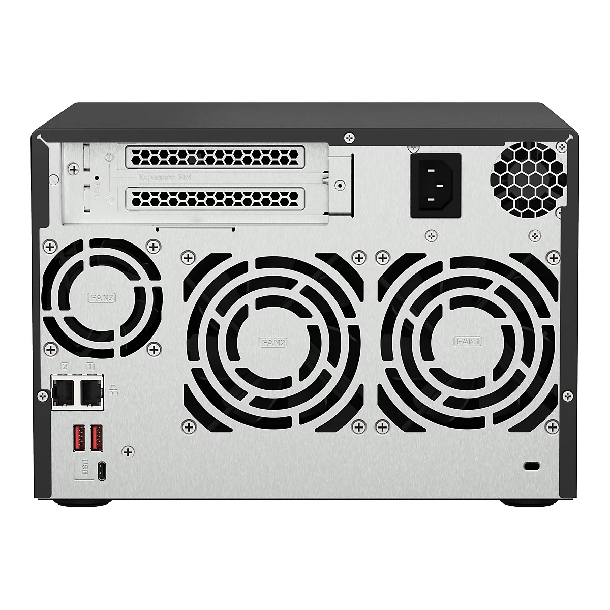RÃ¼ckseite eines Servers, grau-schwarz, mit LÃ¼ftern, AnschlÃ¼ssen und Stromanschluss.