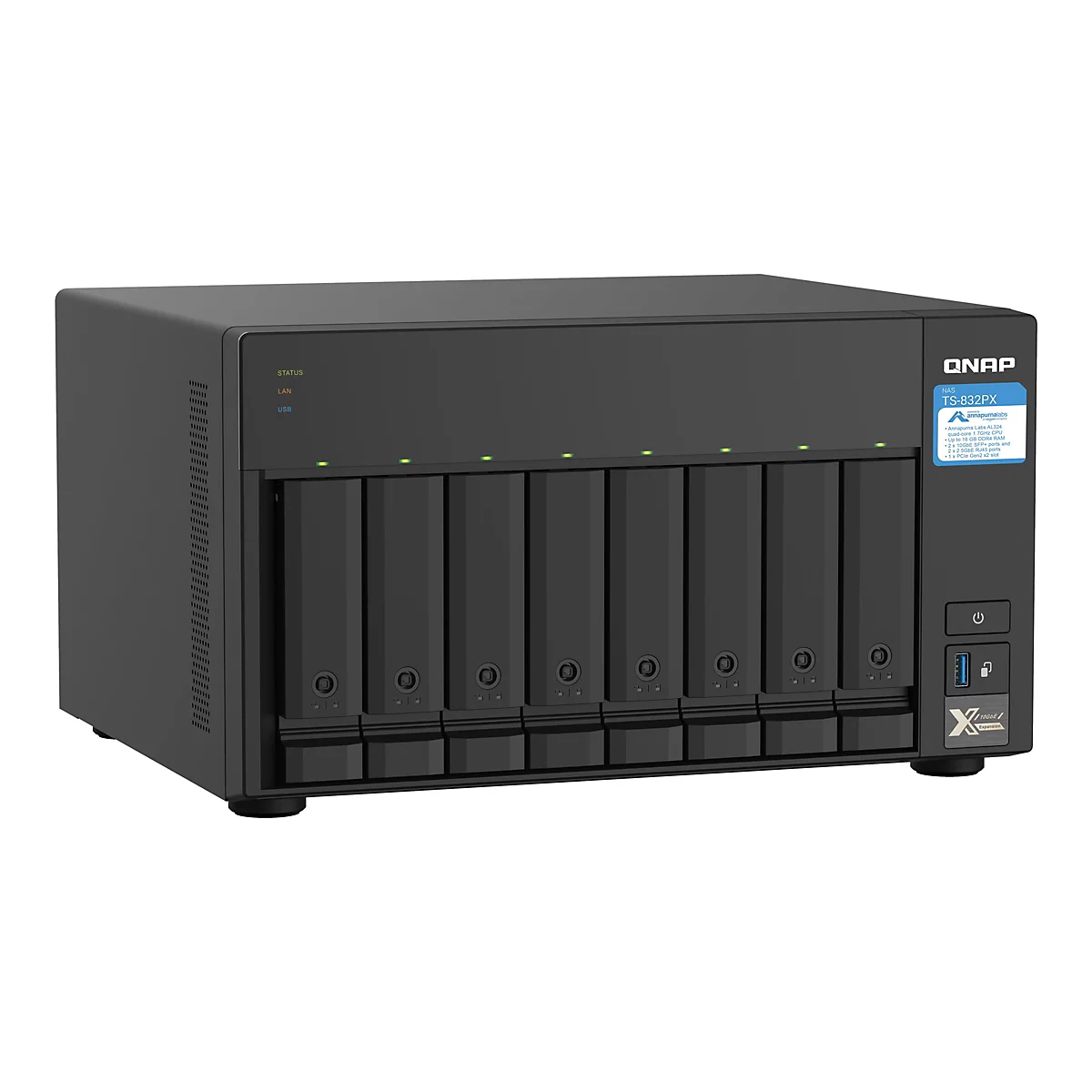 Ein schwarzes QNAP NAS-Gerät, das TS-832PX, mit acht Festplatteneinschüben, Status- und Verbindungslampen, Power- und USB-Anschlüssen.