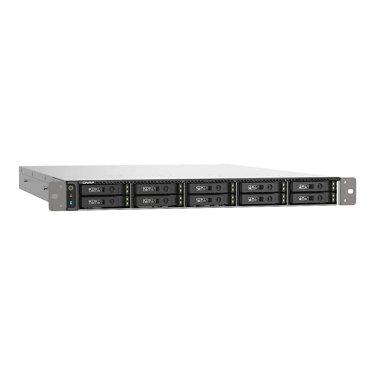 Ein Server-Rack mit 8 Einschüben, schwarze Festplatten, grüne Status-LEDs, hellgraues Gehäuse, weiße Oberfläche.