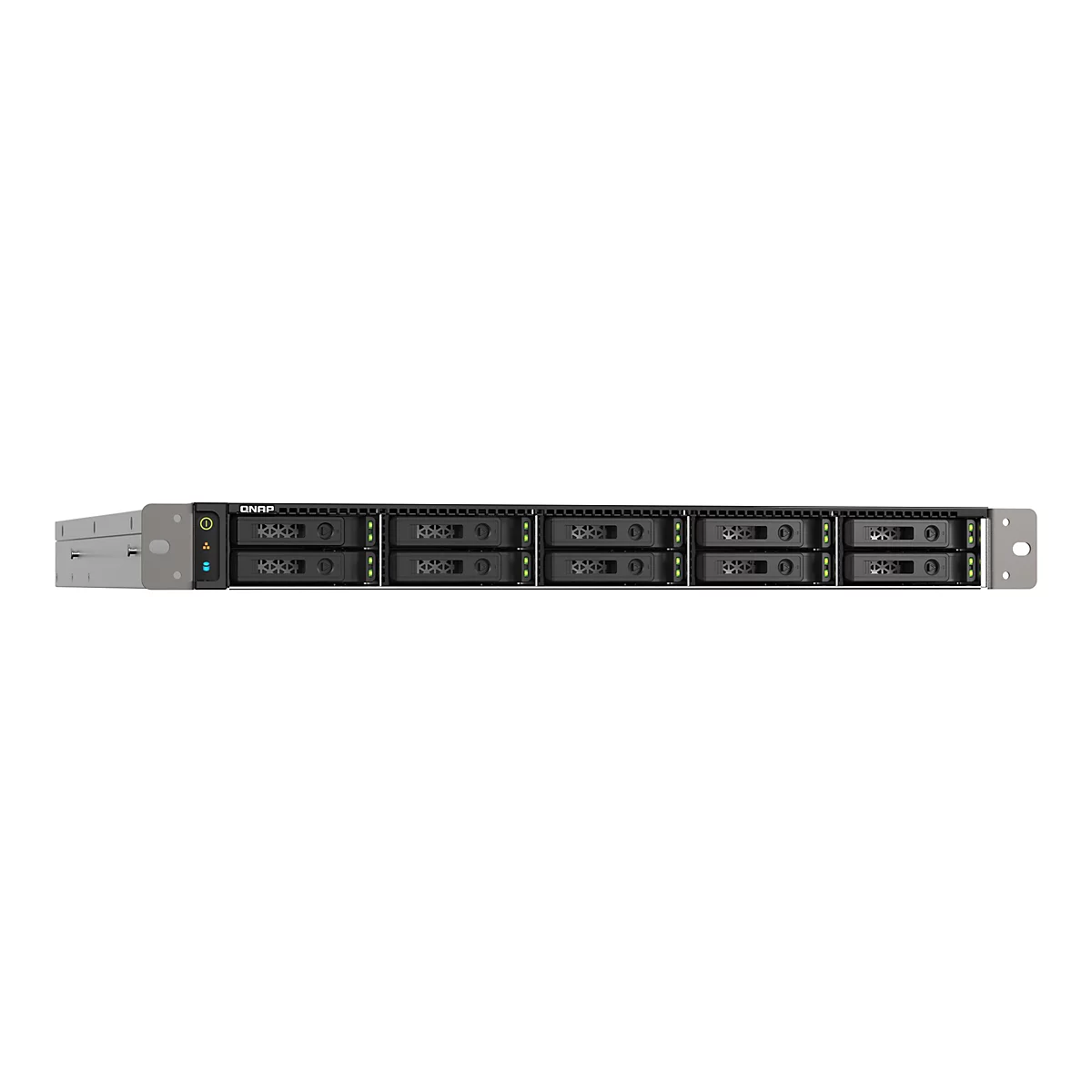 Ein QNAP NAS-Server, Frontalansicht. Der Server hat mehrere Einschübe für Festplatten, sowie LEDs und Bedienelemente.