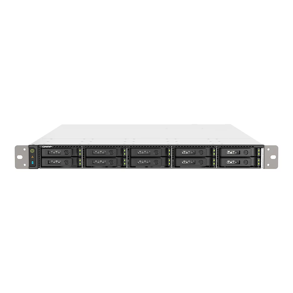 Ein QNAP NAS-Server, Frontansicht, vor weißem Hintergrund. Der Server hat mehrere Einschübe für Festplatten und ist mit Leuchten ausgestattet.
