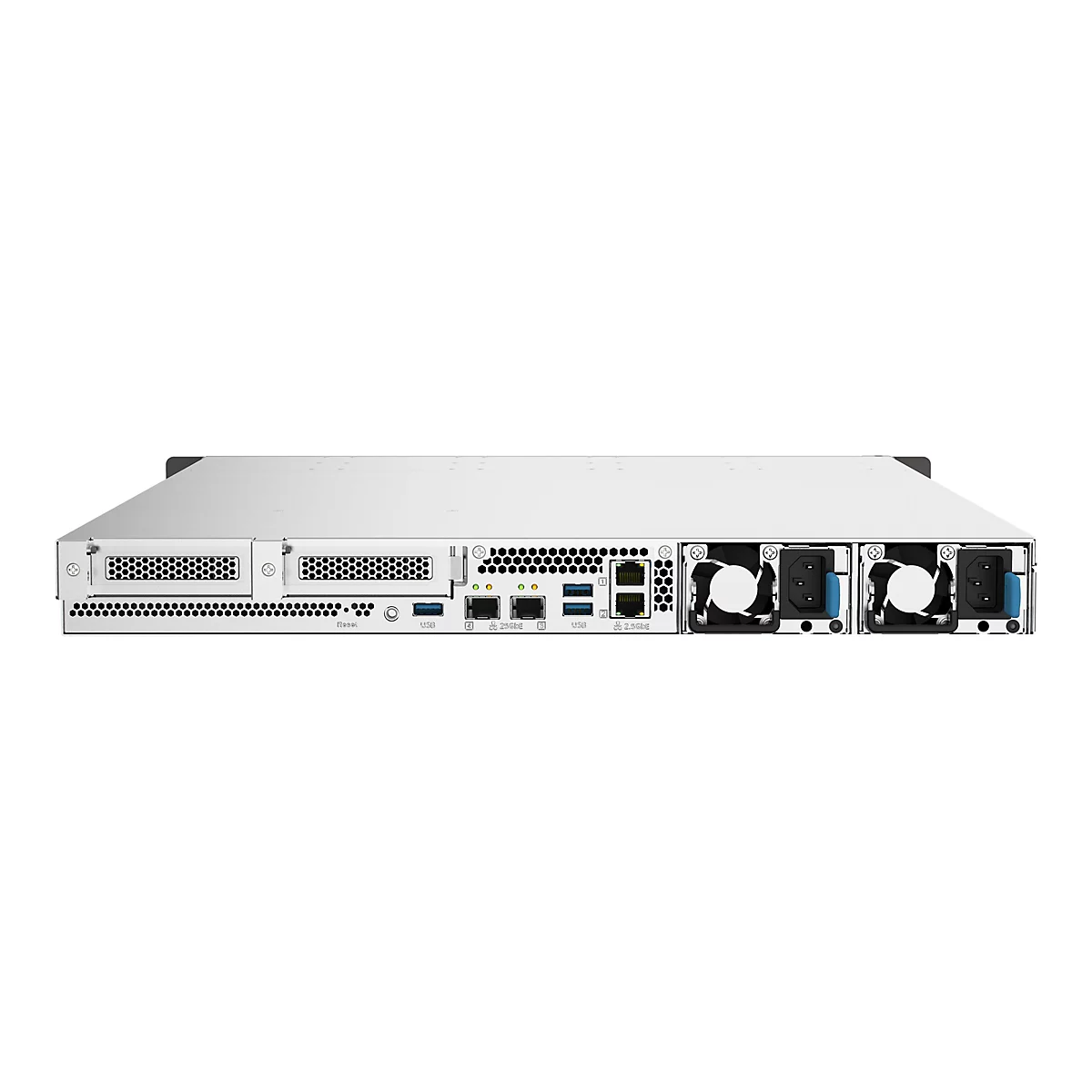 Rückansicht eines silberfarbenen Servers. Zwei Lüfter, Anschlüsse und Stromanschlüsse sind sichtbar.