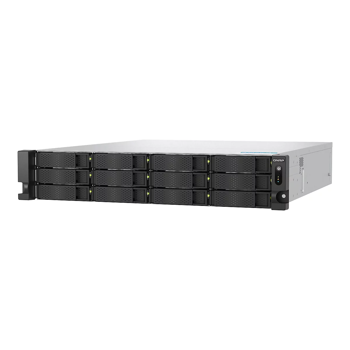 Ein NAS-Server, QNAP, mit acht Einschüben für Festplatten. Frontplatte schwarz, silbernes Gehäuse. Anzeigen und Einschaltknopf.