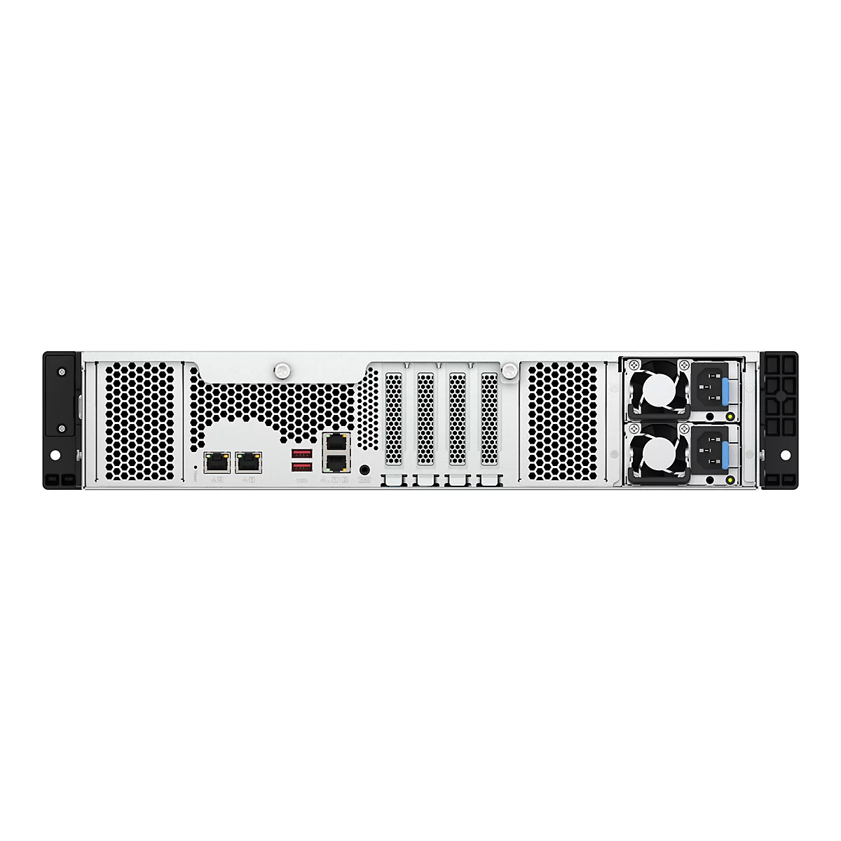 RÃ¼ckseite eines weiÃŸen Servers mit LÃ¼ftern, AnschlÃ¼ssen und einem Wabengitter.