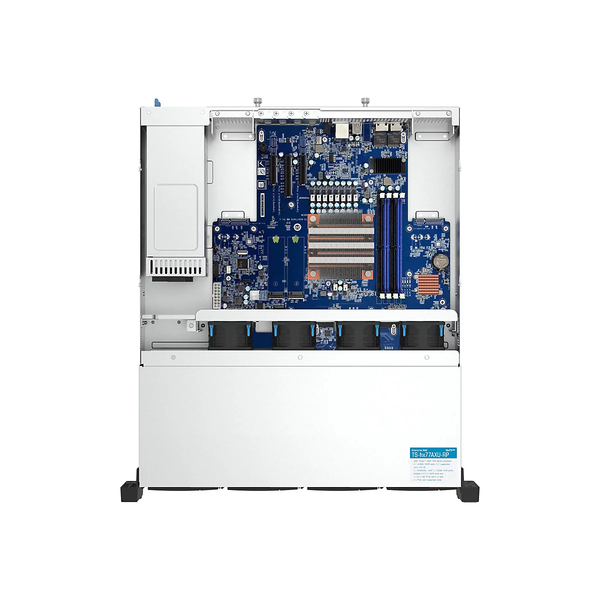 Ein offenes Server-GehÃ¤use mit blauem Mainboard und LÃ¼ftern. Aufkleber auf der Frontplatte.