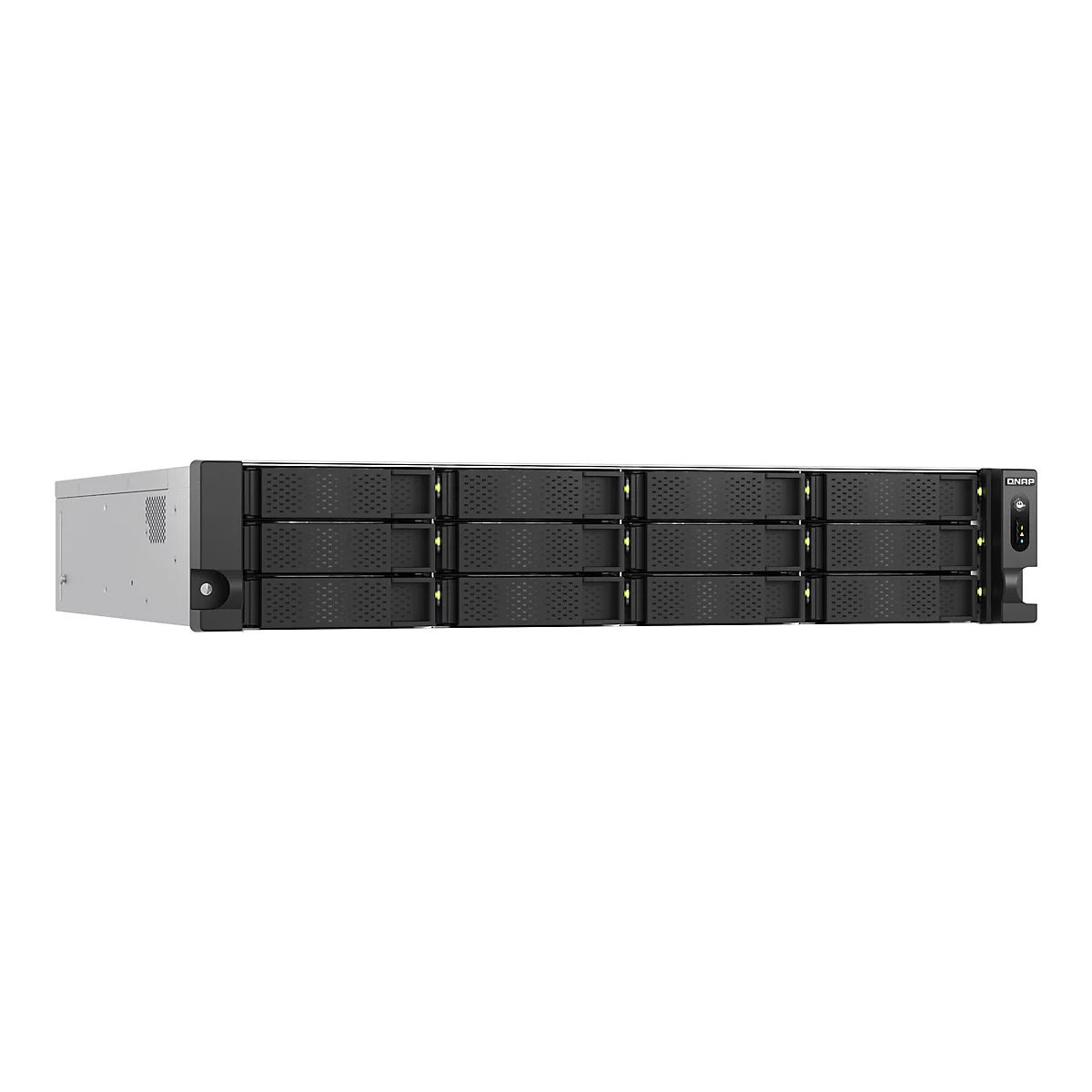 Ein schwarzes NAS-System mit mehreren EinschÃ¼ben fÃ¼r Festplatten, eingebettet in ein graues GehÃ¤use. Auf der rechten Seite befindet sich ein Bedienfeld.
