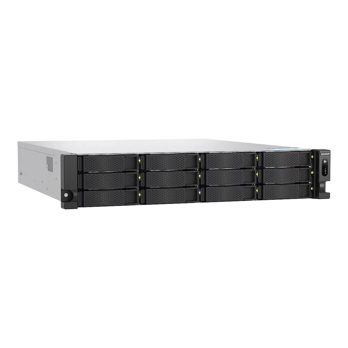 Ein Server in Schwarz und Grau. Die Frontseite zeigt mehrere LaufwerksschÃ¤chte, an der rechten Seite befinden sich KnÃ¶pfe und Anzeigen.