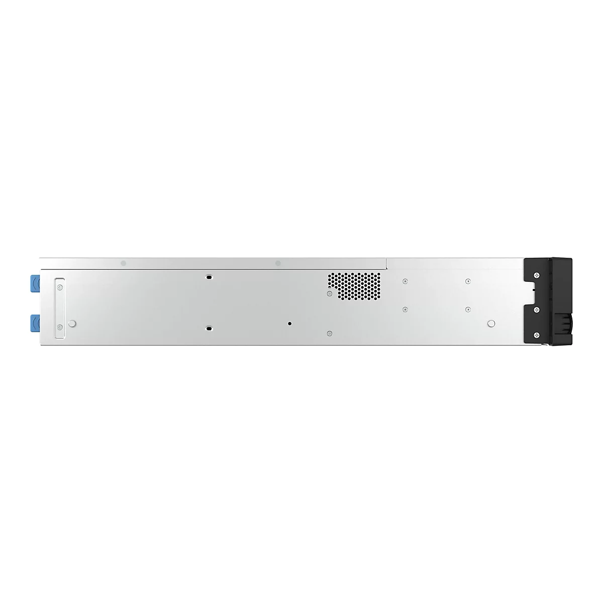 Silberfarbener Server-Rack. Die Vorderseite ist mit blauen Griffen und der RÃ¼ckseite mit einem schwarzen Anschlussblock und einem LÃ¼ftungsgitter ausgestattet.