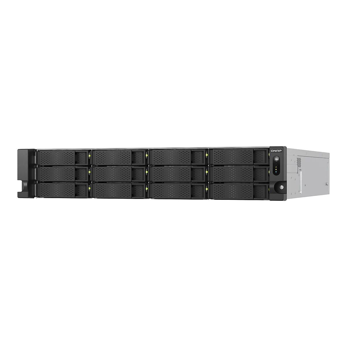 Ein graues Serverrack mit mehreren schwarzen EinschÃ¼ben, die auf weiÃŸem Hintergrund angeordnet sind.