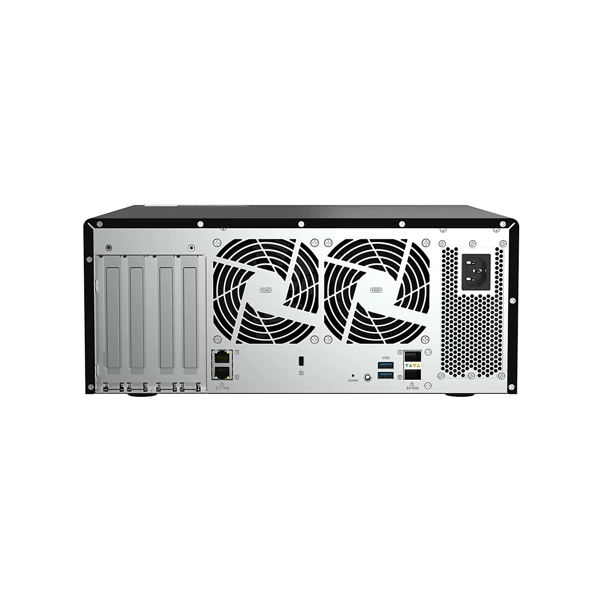 Rückseite eines schwarzen Servers mit Kühlern, Anschlüssen und Netzkabelanschluss.