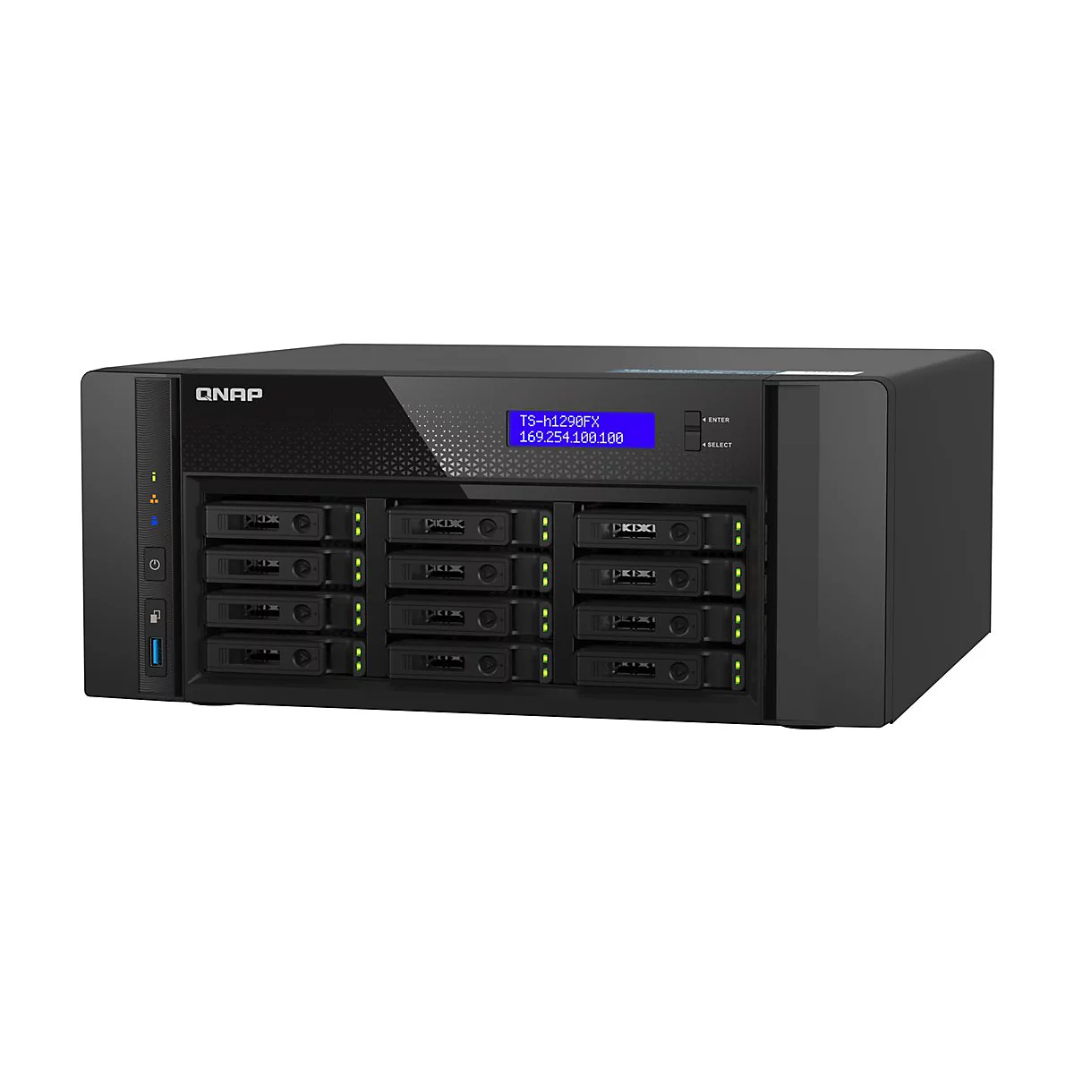 Schwarzer QNAP TS-h1290FX NAS-Server mit zwölf Festplatteneinschüben und blauem Status-Display.