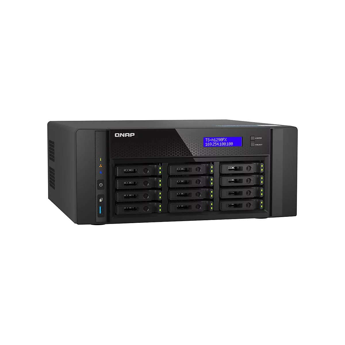 Schwarzes NAS-Gerät mit 12 Einschüben und blauem Display. Auf dem Display: TS-h1290FX und IP-Adresse.