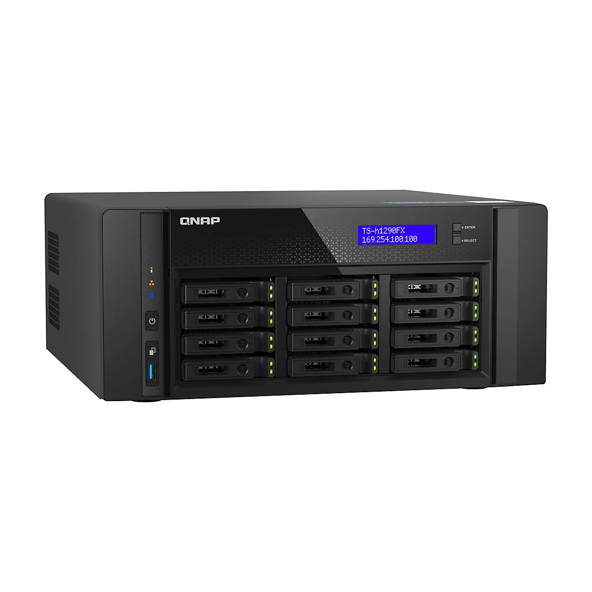 Schwarzer QNAP TS-h1290FX NAS-Server mit zwölf Festplatteneinschüben und blauem Status-Display vor weißem Hintergrund.