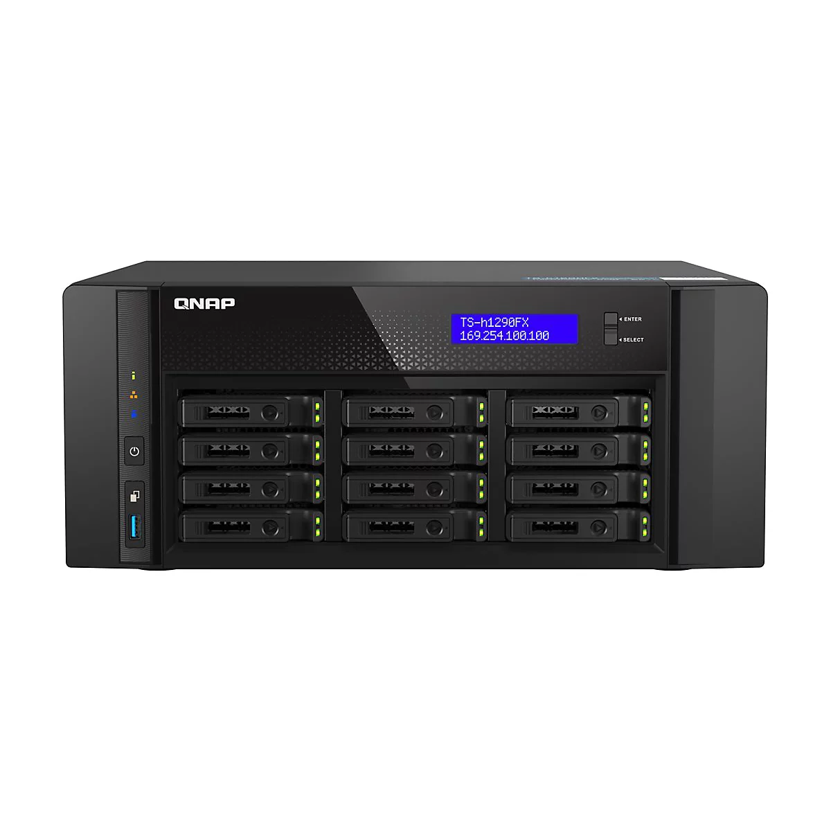 Schwarzer QNAP NAS-Server mit zwölf Festplatteneinschüben, LCD-Display und Statusleuchten vor weißem Hintergrund.