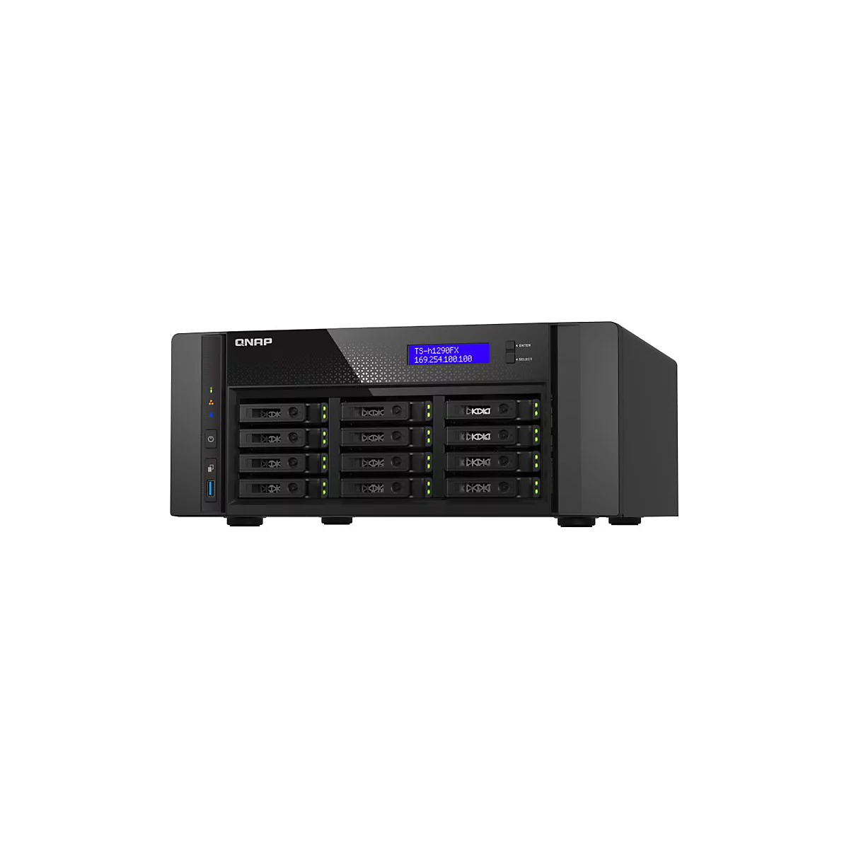 Ein schwarzes QNAP NAS-Gerät mit 16 Einschüben für Festplatten. Auf dem Display stehen Informationen.