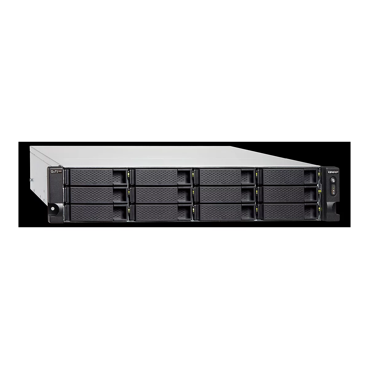 Schwarzes QNAP NAS-Server-Rack mit zwölf Festplatteneinschüben vor weißem Hintergrund.