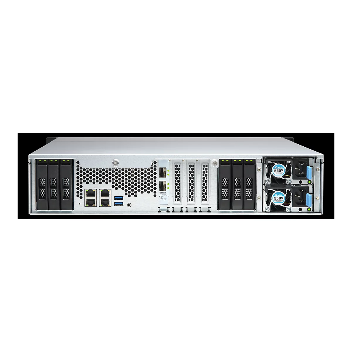 Ein Server-Rack von vorne, mit Einbauelementen für Festplatten, Lüftern und Anschlüssen. Der Server hat ein silbernes Gehäuse, Lüfter mit der Aufschrift „Delta 550W“ und mehrere Anschlüsse.