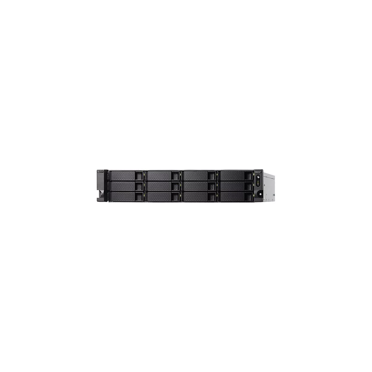 Ein Server-Rack mit mehreren Einschüben für Festplatten. Das Gerät ist in dunklen Grautönen gehalten und vor weißem Hintergrund.