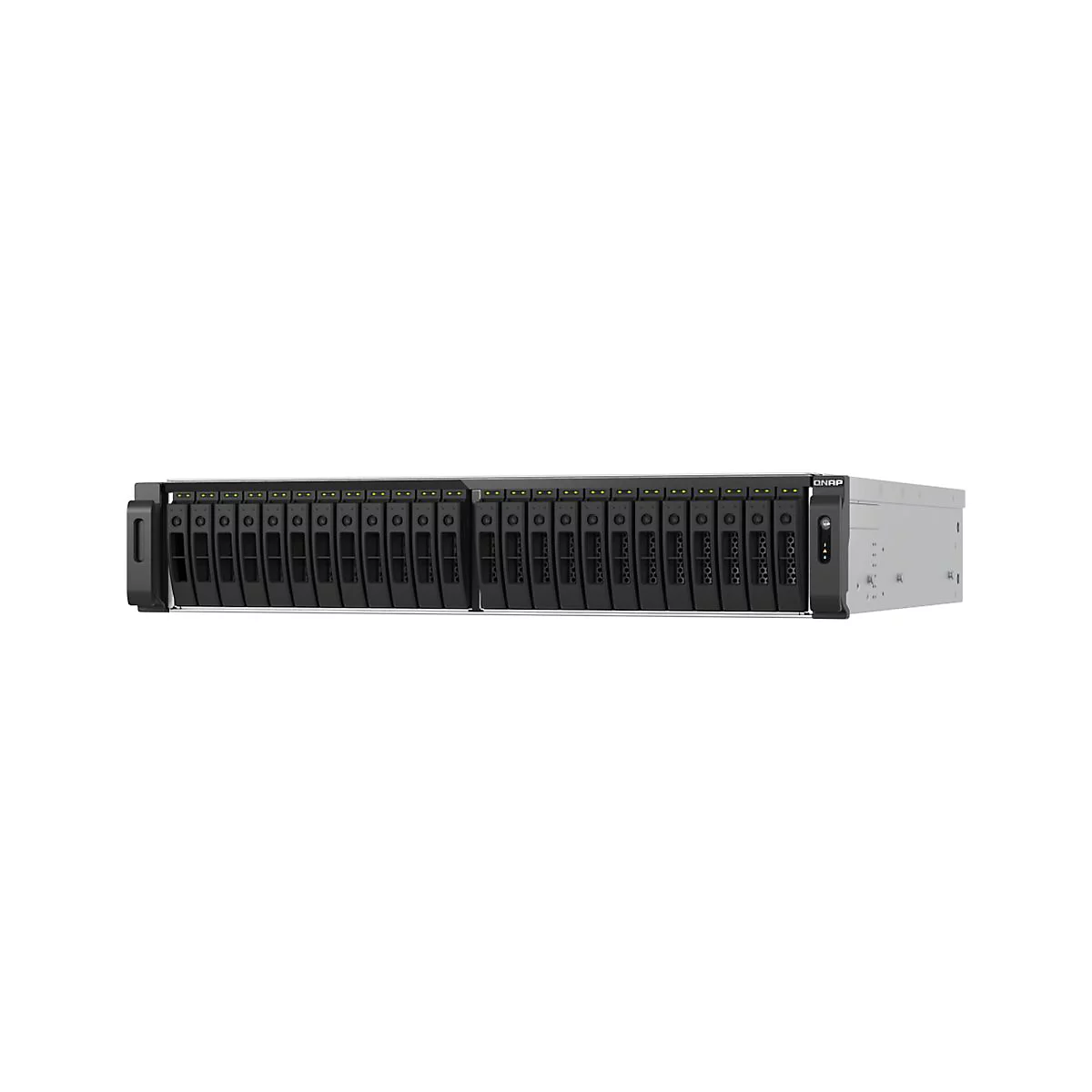Ein schwarzes Serversystem mit vielen EinschÃ¼ben fÃ¼r Festplatten vor weiÃŸem Hintergrund.