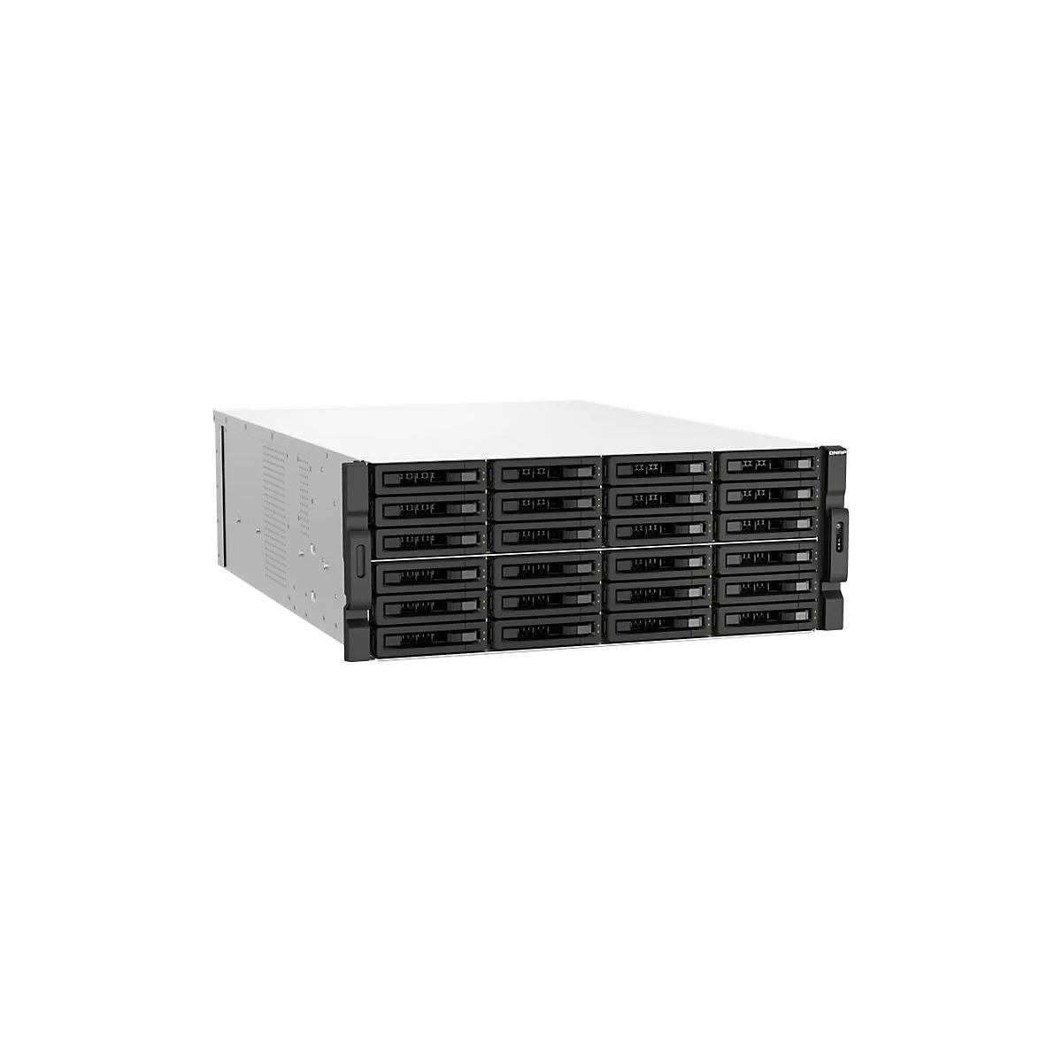 Ein Server-Rack mit 16 Festplatteneinschüben, schwarz mit weißen Deckel, QNAP-Logo.