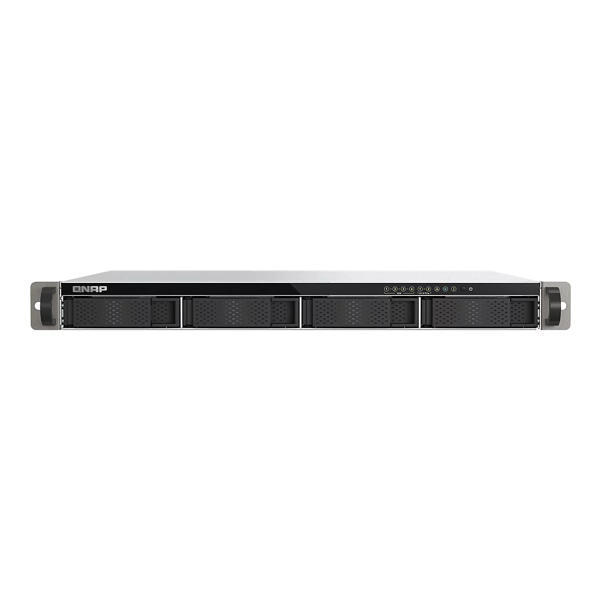 Vorderansicht eines silbernen QNAP-Rack-Servers mit vier Festplatteneinschüben und Status-LEDs.