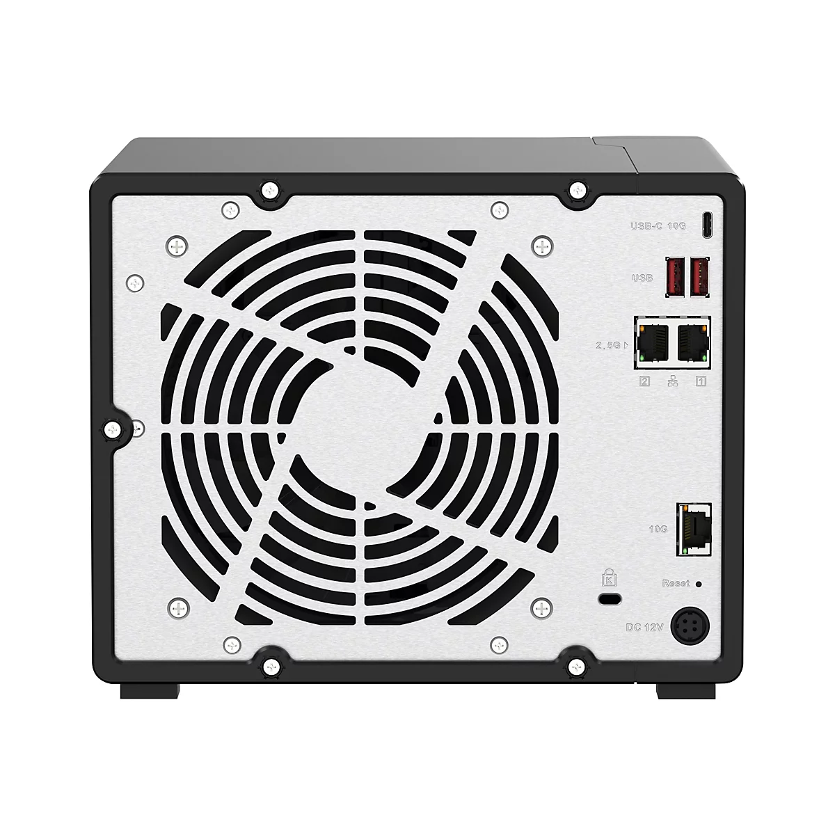 RÃ¼ckseite eines schwarzen NAS-GerÃ¤ts mit LÃ¼fter, AnschlÃ¼ssen fÃ¼r USB, LAN und Stromversorgung.