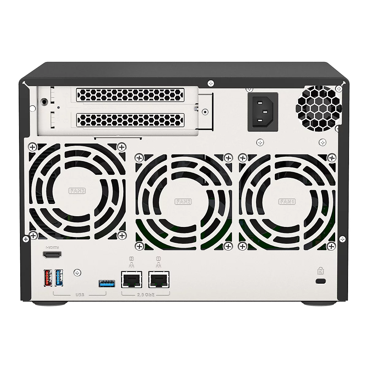 Rückansicht eines schwarzen NAS-Servers mit Lüftern, Anschlüssen und Stromanschluss.