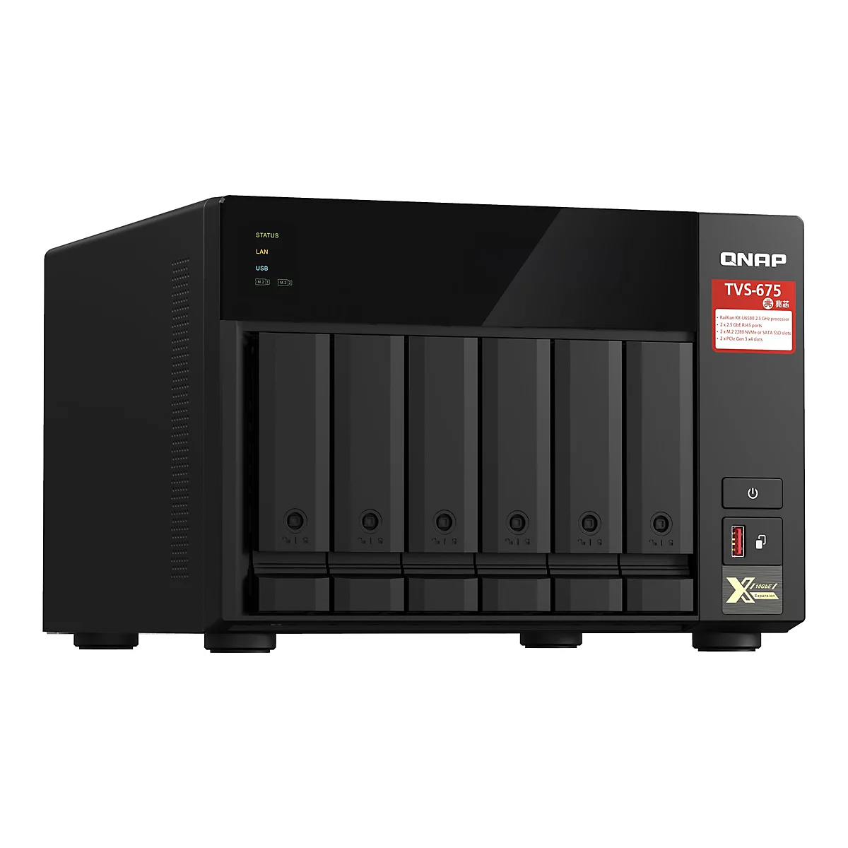Schwarzes QNAP-NAS-Gerät mit sechs Festplatteneinschüben, dem Schriftzug "TVS-675", Betriebs-LEDs und einer USB-Buchse.