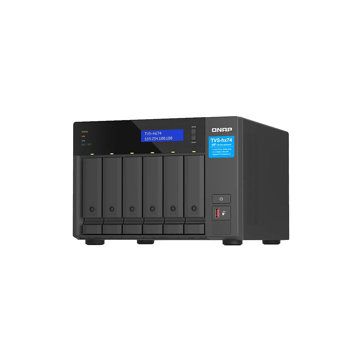 Schwarzes NAS-GerÃ¤t mit 7 EinschÃ¼ben. Oben Display mit Informationen, darunter EinschÃ¼be fÃ¼r Festplatten.