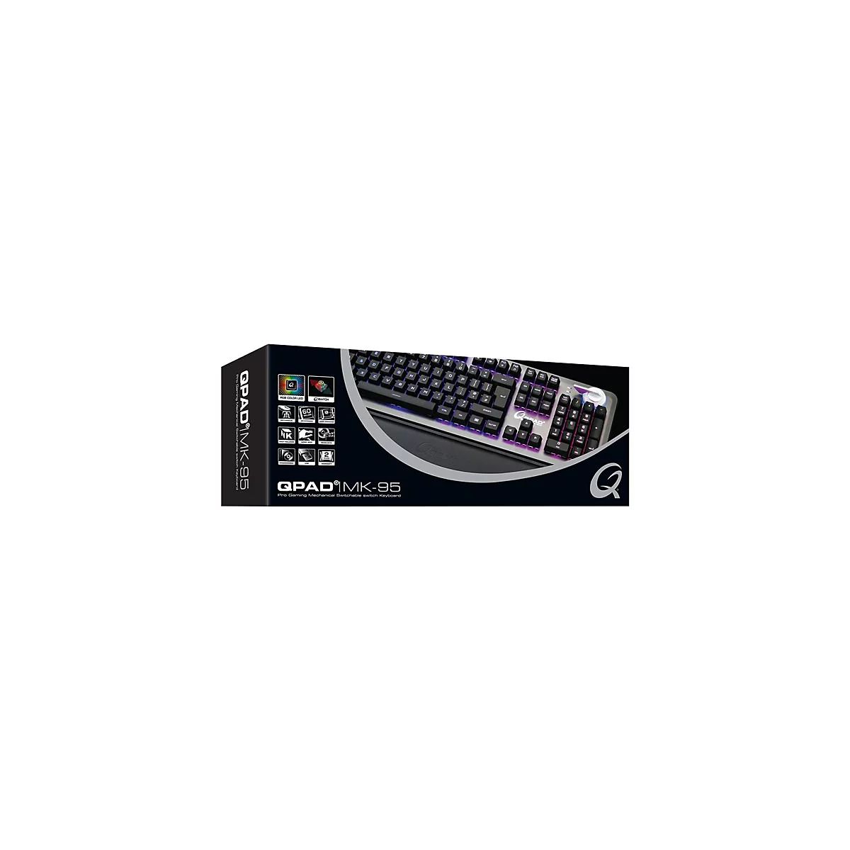Schwarze QPAD MK-95 Gaming-Tastatur auf Verpackung. Tasten mit roter und violetter Beleuchtung.