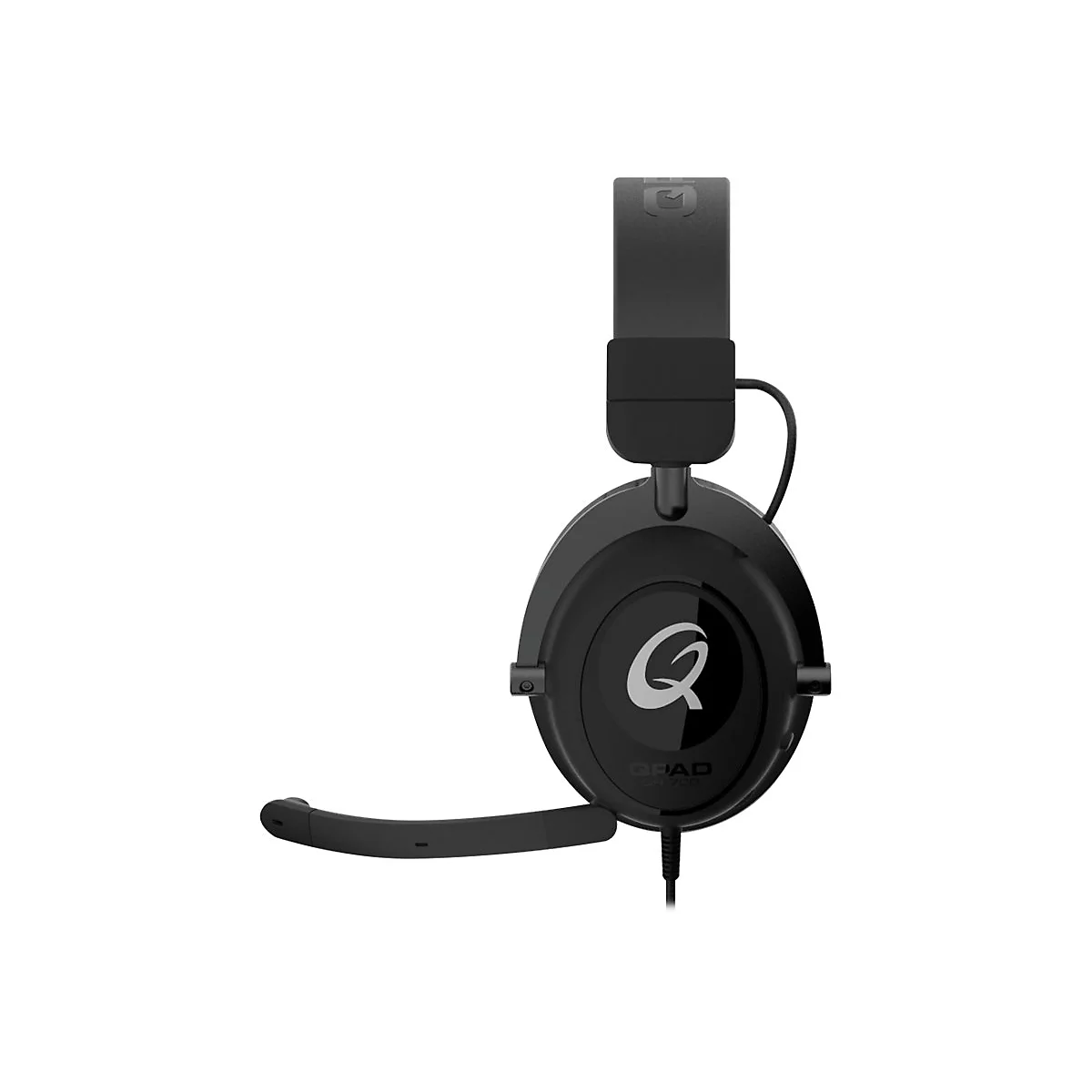 Schwarzes Gaming-Headset, Frontalansicht. Die Ohrmuschel zeigt ein weiÃŸes Q.
