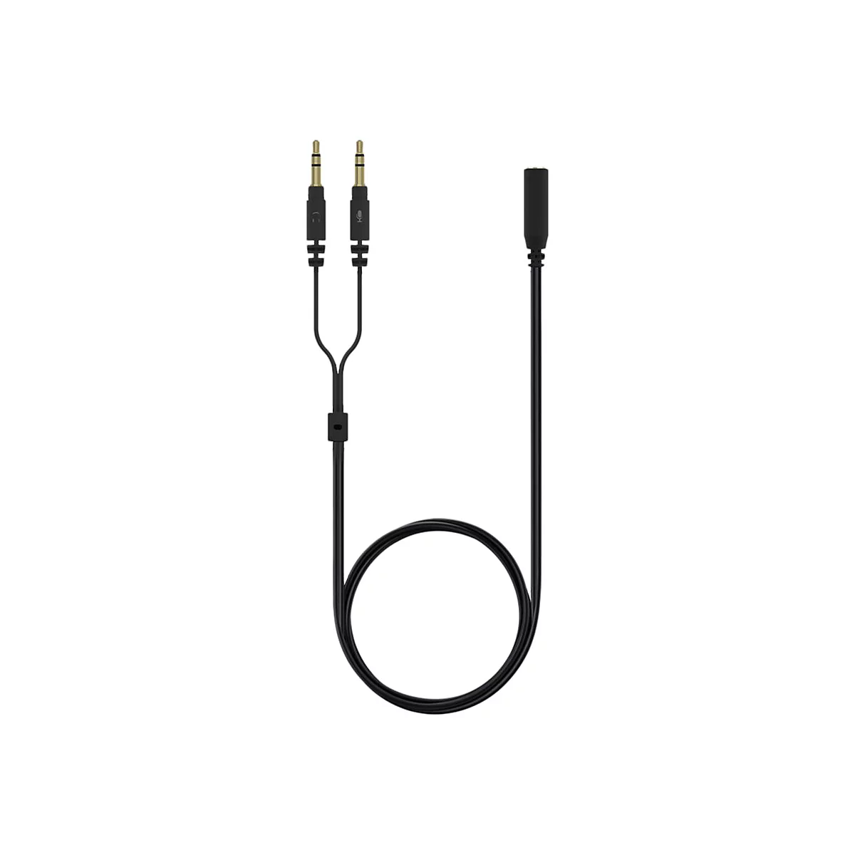 Ein schwarzes Audiokabel mit drei 3,5-mm-Klinkensteckern: zwei fÃ¼r KopfhÃ¶rer, einer fÃ¼r Mikrofon.