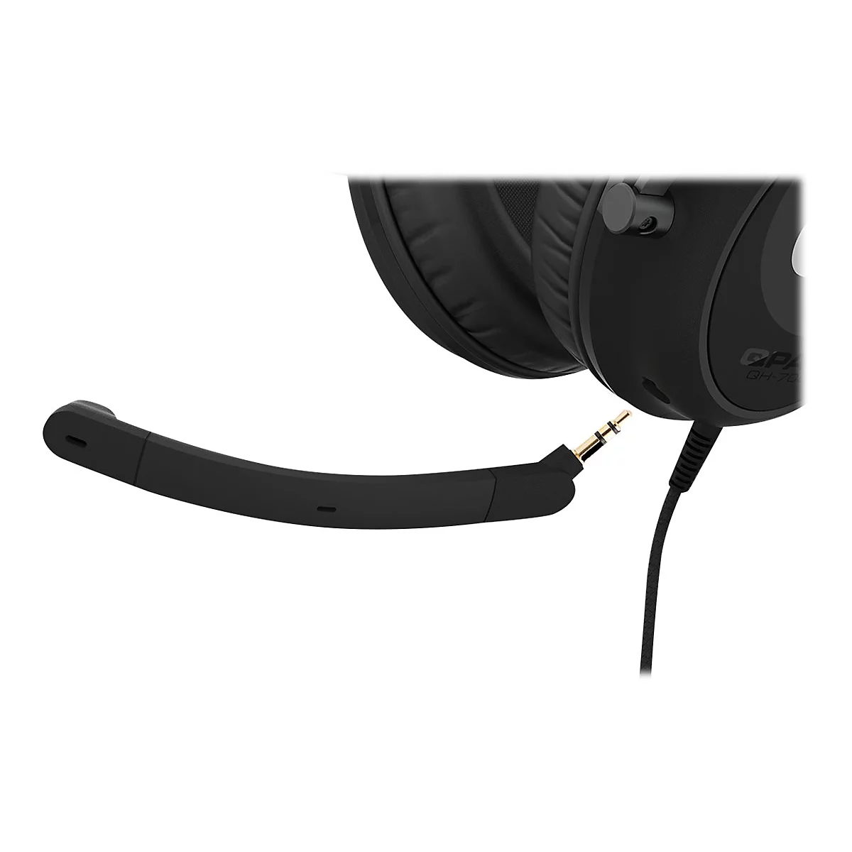 Schwarzes Gaming-Headset mit Mikrofon und Klinkenstecker. Das Mikrofon ist angewinkelt.