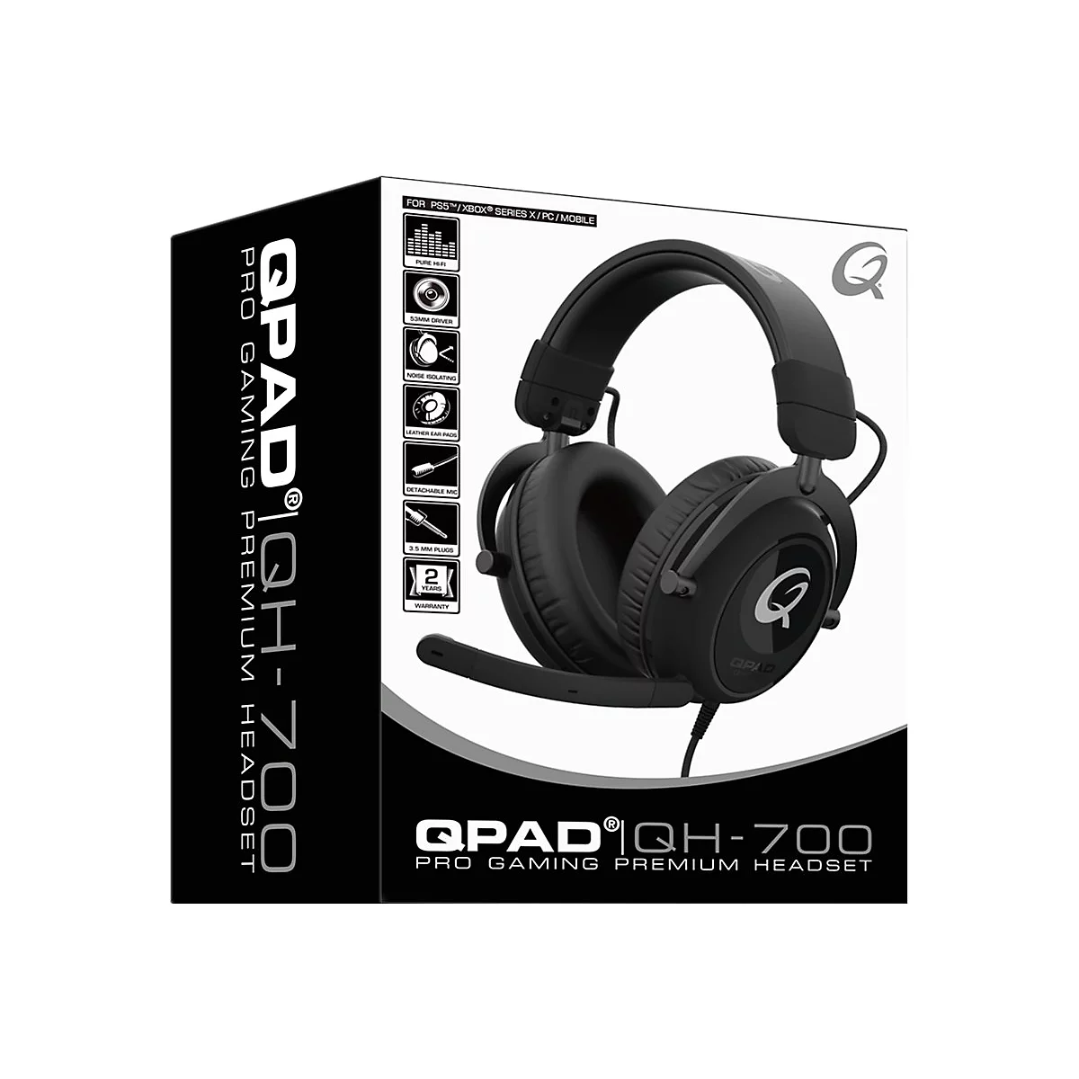 Schwarzes Gaming-Headset QPAD QH-700 mit Mikrofon vor einer Verpackung mit Logos und Schriftzug.