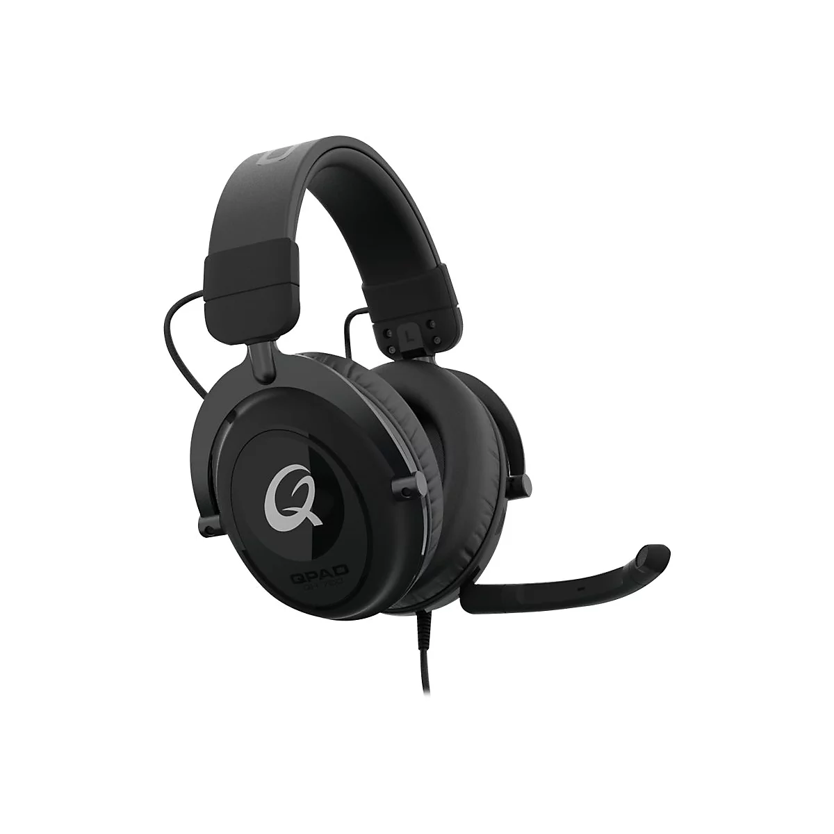 Schwarzes Gaming-Headset mit Mikrofon. Das Headset hat das Logo Q.